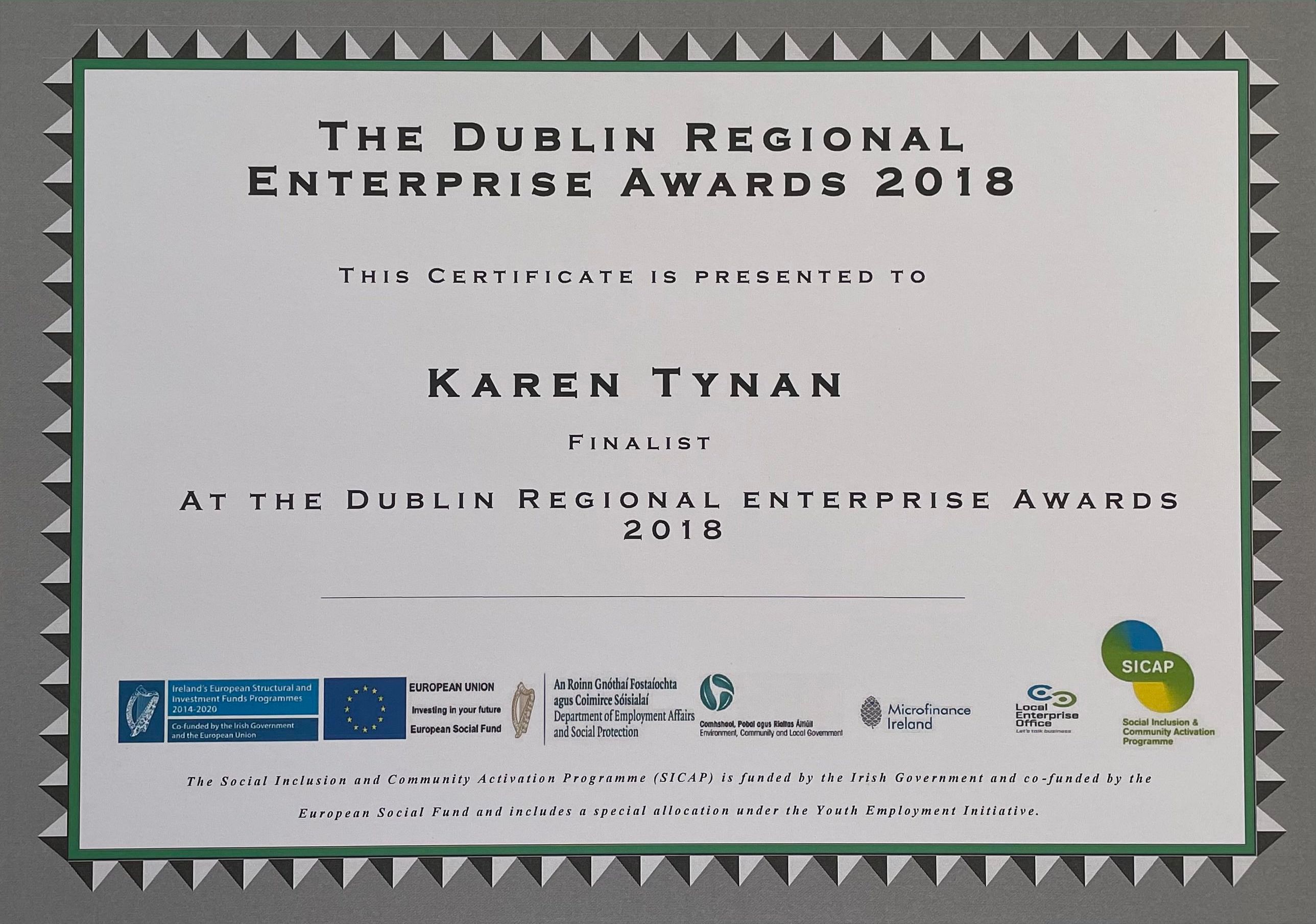 Enterprise Award Nominee at the Dublin Regional Enterprise Awards 2018